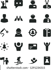 Solid Black Vector Icon Set - pass card vector, operator, folded shirt, racer, builder, gas welding, woman, man in sight, think, conversation, scientist, hands up, with medal, flag, hold, flying