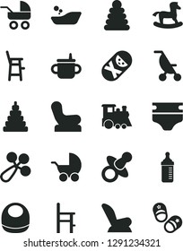 Solid Black Vector Icon Set - dummy vector, mug for feeding, measuring bottle, diaper, baby bib, rattle, chair, car child seat, stroller, carriage, summer, children's bathroom, stacking rings, toy