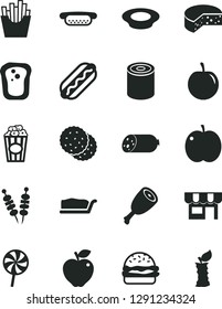 Solid Black Vector Icon Set - kiosk vector, sausage, cheese, tin, fried vegetables on sticks, Hot Dog, mini, burger, cake slice, a plate of milk, chicken thigh, lollipop, French fries, cup popcorn