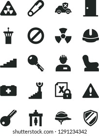 Solid Black Vector Icon Set - warning vector, prohibition, Baby chair, safety pin, bag of a paramedic, workman, key, ntrance door, construction helmet, autopilot, encrypting, nuclear, stairway