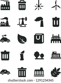 Solid Black Vector Icon Set - bin vector, dust, bag with handles, apple stub, working oil derrick, leaf, windmill, manufacture, factory, hydroelectric station, hydroelectricity, trees, electric car