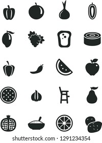 Solid Black Vector Icon Set - a chair for feeding child vector, canned goods, bowl of rice porridge, orange slice, sandwich, half pomegranate, branch grape, red apple, mango, tangerine, juicy lemon