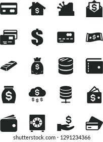 Solid Black Vector Icon Set - purse vector, dollar, big data server, strongbox, cards, reverse side of a bank card, front the, column coins, get wage, wallet, money, dollars, cashbox, gold bar, rain