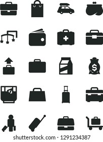 Solid Black Vector Icon Set - briefcase vector, toys over the cot, medical bag, portfolio, suitcase, package, a glass of tea, wallet, purse, hand, money, car baggage, passenger, rolling, case