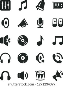 Solid Black Vector Icon Set - desktop microphone vector, horn, loudspeaker, silent mode, drum, bell, headphones, music, CD, regulator, volume, no sound, phone call, pc card, speaker, note