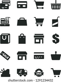 Solid Black Vector Icon Set - grocery basket vector, bank card, dollar, e, cart, bag with handles, cards, kiosk, shopping, reverse side of a, hand, Express delivery, cash machine, cashbox, store