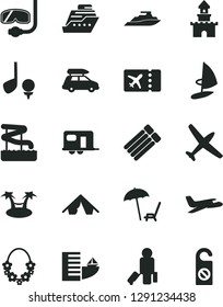 Solid Black Vector Icon Set - sand castle vector, plane, car baggage, camper, passenger, ticket, hotel, tent, arnchair under umbrella, hawaii wreath, aquapark, diving mask, golf, cruiser, yacht