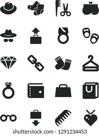Solid Black Vector Icon Set - purse vector, spectacles, hat, with glasses, accessories for a hairstyle, comb, warm socks, Knitted, shoes little children, bag handles, hanger, hand, diamond, ring