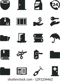 Solid Black Vector Icon Set - folder vector, e, books, window frame, door knob, ntrance, book, umbrella, cardboard box, 24, package, half of coconut, get a wage, arm with key, exit, grand opening