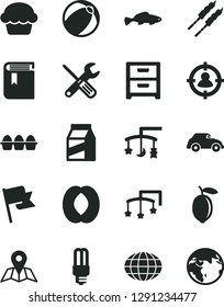 Solid Black Vector Icon Set - book vector, toys over the cradle, cot, baby bath ball, small tools, map, flag, nightstand, package, bundle of eggs, cake, barbecue, fish, half peach, lemon, retro car