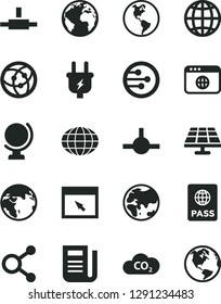 Solid Black Vector Icon Set - sign of the planet vector, globe, earth, passport, solar panel, plug, CO2, connections, newspaper, network, browser, connect