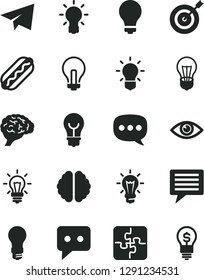 Solid Black Vector Icon Set - image of thought vector, matte light bulb, incandescent lamp, paper airplane, Puzzles, eye, Hot Dog, think, speech, brain, target, idea
