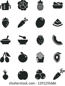 Solid Black Vector Icon Set - measuring cup for feeding vector, deep plate with a spoon, bowl of buckwheat porridge, lettuce in, beet, carrot, fried potato slices, apple, squash, raspberry, cornels
