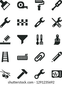 Solid Black Vector Icon Set - paint roller vector, clip, graphite pencil, electronic thermometer e, iron fork spoons, small tools, measuring tape, plastic brush, stepladder, drawing, ceramic tiles