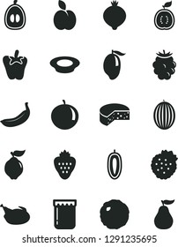 Solid Black Vector Icon Set - cheese vector, a plate of milk, chicken, cabbage, peper, jam, strawberry, strawberries, apple, quince, medlar, blackberry, melon, mango, tangerine, half loquat, banana