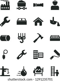 Solid Black Vector Icon Set - repair key vector, house, winch hook, big core, concrete mixer, new roller, construction level, city block, brick, building, plummet, hammer with claw, industrial, pipe