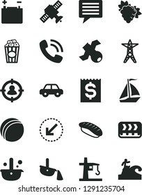 Solid Black Vector Icon Set - image of thought vector, bath ball, motor vehicle, left bottom arrow, japanese sushi, cup popcorn, branch grape, accumulator, power line, conveyor, tower crane, surfing