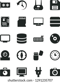 Solid Black Vector Icon Set - floppy disk vector, monitor window, camera, screen, electric plug, goal woman, wall watch, keyboard, motherboard, gpu card, web, router, cd, usb flash, sd, big data