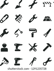 Solid Black Vector Icon Set - paint roller vector, repair key, safety pin, building trowel, small tools, adjustable wrench, cordless drill, hand saw, spatula, paving slab, road fence, hammer, steel