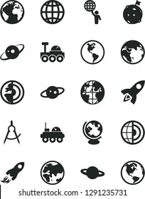 Solid Black Vector Icon Set - sign of the planet vector, earth, scribed compasses, space rocket, globe, core, saturn, lunar rover, man hold world, flag on moon