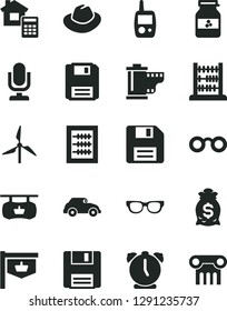 Solid Black Vector Icon Set - desktop microphone vector, floppy disk, hat, camera roll, new abacus, toy mobile phone, estimate, alarm clock, jar of jam, windmill, retro car, vintage sign, glasses