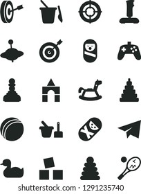 Solid Black Vector Icon Set - paper airplane vector, rubber duck, bath ball, stacking rings, toy, roly poly doll, tumbler, sand set, children's, yule, rocking horse, cubes for children, joystick
