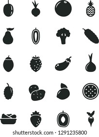 Solid Black Vector Icon Set - lettuce in a plate vector, cucumber, beet, pineapple, raspberry, tasty, mulberry, delicious plum, passion fruit, sweet date, yellow lemon, half of, tamarillo, onion
