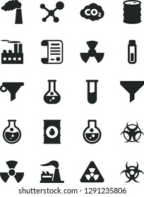 Solid Black Vector Icon Set - round flask vector, manufacture, factory, oil, barrel, industrial building, radiation, carbon dyoxide, filter, water, research article, test tube, molecule, nuclear