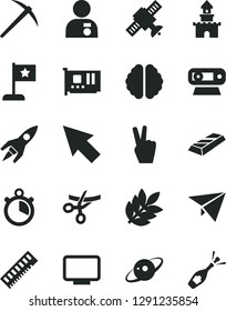 Solid Black Vector Icon Set - memory vector, pc card, monitor, web camera, cursor, brain, satellite, saturn, rocket, biology, stopwatch, man with medal, star flag, mine axe, gold bar, paper plane