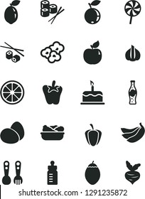 Solid Black Vector Icon Set - feeding bottle vector, plastic fork spoons, cake, eggs, lettuce in a plate, peper, lollipop, Chinese chopsticks, sushi set, popcorn, of soda, apricot, blueberry, garlic