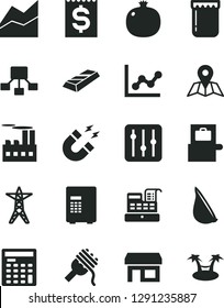 Solid Black Vector Icon Set - line chart vector, graph, map, regulator, spaghetti, garlic, jam, pomegranate, power, industrial building, stall, hierarchical scheme, financial item, cash machine