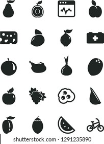 Solid Black Vector Icon Set - bag of a paramedic vector, cardiogram, piece cheese, chicken, garlic, omelette, apple, orange slice, branch grape, quince, apricot, tangerine, ripe plum, yellow lemon