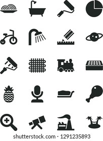 Solid Black Vector Icon Set - zoom vector, pie chart, child bicycle, new roller, paint, bath, shower, drawing, brick, onion, cake slice, chicken leg, pineapple, factory, weaving, telescope, saturn