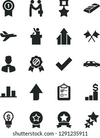 Solid Black Vector Icon Set - upward direction vector, check mark, employee, survey, chart, growth arrows, medal, with pennant, hero, star, ribbon, gold bar, cross flags, dollar pedestal, idea