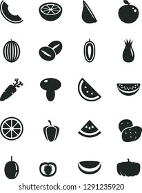 Solid Black Vector Icon Set - mushroom vector, garlic, carrot, coffee beans, orange slice, rose hip, melon, of, water, passion fruit, sweet date, juicy lemon, delicious apple, piece coconut, tomato