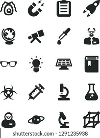 Solid Black Vector Icon Set - book vector, flask, microscope, telescope, glasses, bulb, bactery, biohazard, pipette, globe, magnet, scientist, clipboard, sun panel, saturn, rocket, syringe, 3d cube