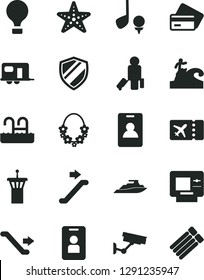 Solid Black Vector Icon Set - camper vector, air balloon, airport tower, escalator, identity card, passenger, plane ticket, atm, credit, hawaii wreath, pool, starfish, surfing, surveillance, access
