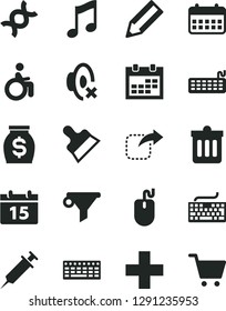 Solid Black Vector Icon Set - calendar vector, keyboard, plus, silent mode, putty knife, dust bin, music, move right, water filter, pencil, money, mouse, dna, syringe, disabled, cart