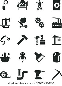 Solid Black Vector Icon Set - tower crane vector, concrete mixer, drill, long meashuring tape, plummet, putty knife, hammer, working oil derrick, water pipes, power line, industrial building, gears