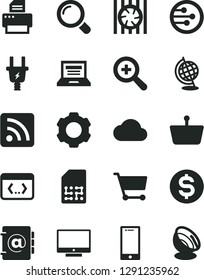 Solid Black Vector Icon Set - laptop vector, zoom, rss feed, magnifier, screen, smartphone, address book, electric plug, SIM, cart, shopping basket, dollar, radiator fan, printer, network, coding