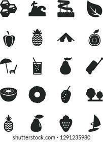 Solid Black Vector Icon Set - a glass of soda vector, strawberry, pineapple, honeycombs, pear, tasty mulberry, kiwi, half guawa, slice, ripe guava, pepper, leaf, trees, rolling case, tent, aquapark