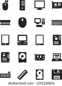 Solid Black Vector Icon Set - laptop vector, monitor, computer, tablet pc, radiator fan, mouse, keyboard, tower, motherboard, memory, card, hdd, floppy