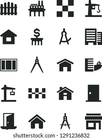 Solid Black Vector Icon Set - house vector, dwelling, window frame, ntrance door, buildings, tile, ceramic tiles, hedge, home, industrial enterprise, tower crane, Construction, Measuring compasses