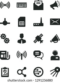 Solid Black Vector Icon Set - horn vector, employee, received letter, operator, SIM card, connections, statistical overview, morning paper, keyboard, router, network, connect, wireless, mail, gears