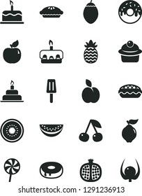 Solid Black Vector Icon Set - birthday cake vector, muffin, torte, with a hole, glazed, pie, apple, lollipop, popsicle, cherry, half pomegranate, quince, apricot, water melon slice, of kiwi