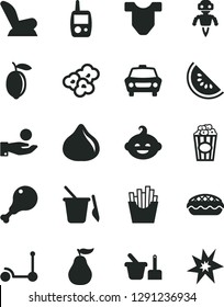 Solid Black Vector Icon Set - Child T shirt vector, car seat, toy mobile phone, sand set, children's, funny hairdo, Kick scooter, apple pie, chicken leg, French fries, popcorn, cup of, fig, lemon
