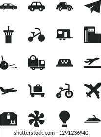 Solid Black Vector Icon Set - paper airplane vector, motor vehicle, child bicycle, tricycle, core, delivery, cardboard box, marine propeller, modern gas station, retro car, limousine, plane, camper