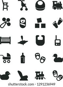Solid Black Vector Icon Set - baby cot vector, measuring bottle for feeding, bib, rattle, car child seat, carriage, sitting stroller, rubber duck, duckling, roly poly doll, toy phone, a chair, train