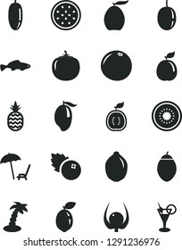 Solid Black Vector Icon Set - small fish vector, blueberries, a pineapple, mango, loquat, date fruit, passion, lime, half of kiwi, tamarillo, sour, guava, guawa, grapefruit, physalis, persimmon
