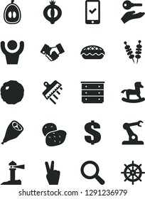 Solid Black Vector Icon Set - magnifier vector, dollar, chest of drawers, small rocking horse, spatula, fried vegetables on sticks, apple pie, grill chicken leg, cabbage, half medlar, loquat, potato